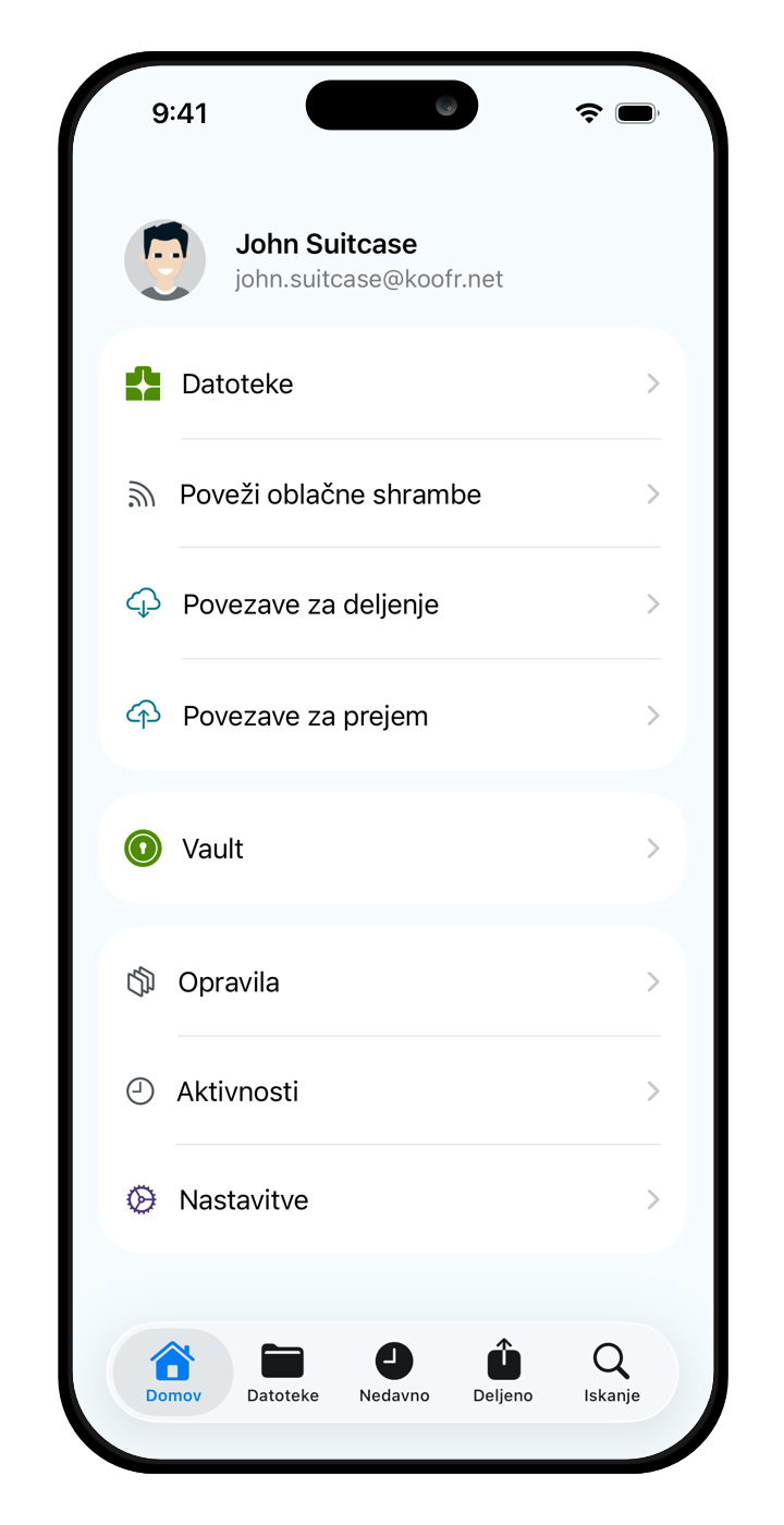 Glavni meni Koofrove mobilne aplikacije za iOS