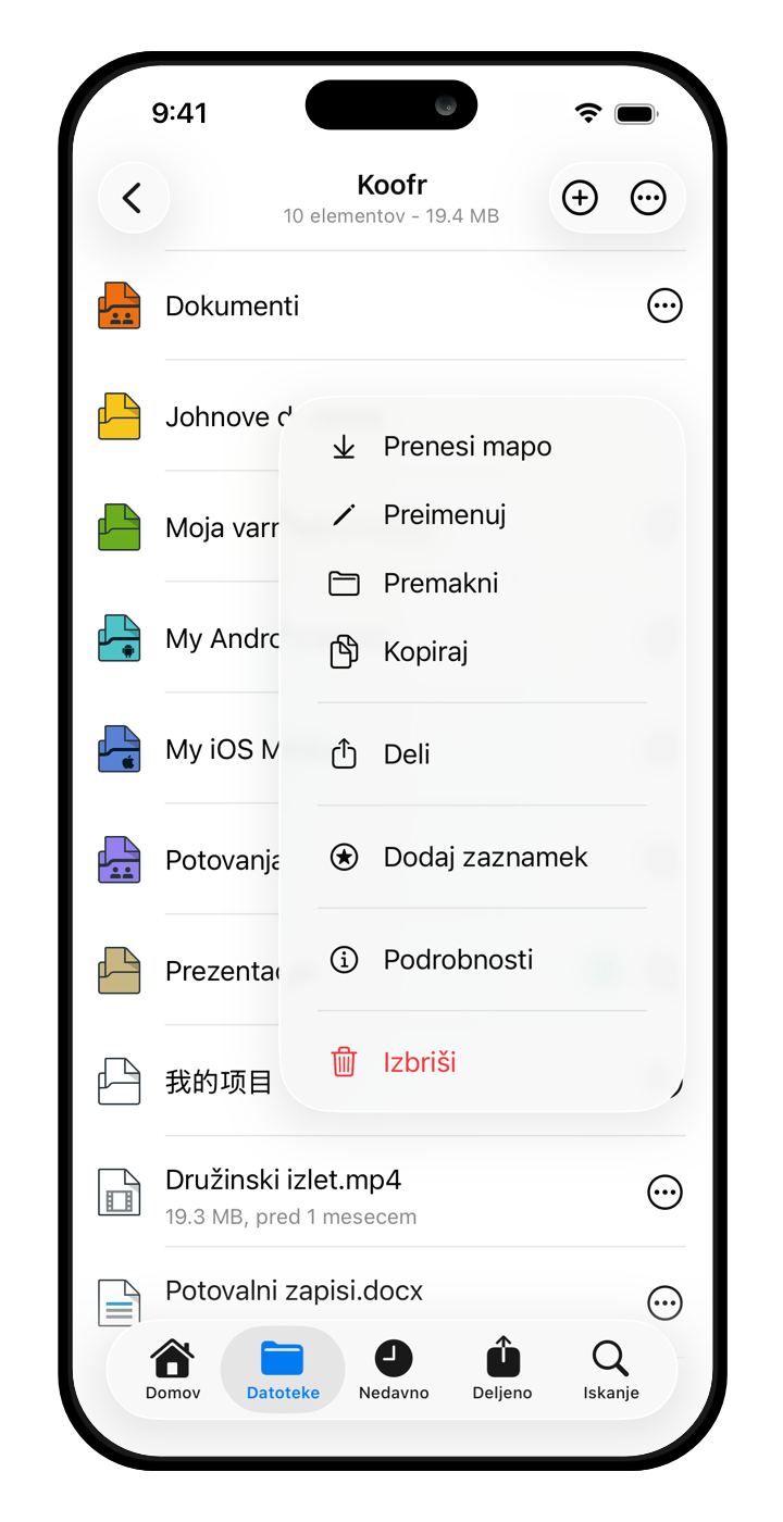 Spustni meni v Koofrovi mobilni aplikaciji za iOS.png