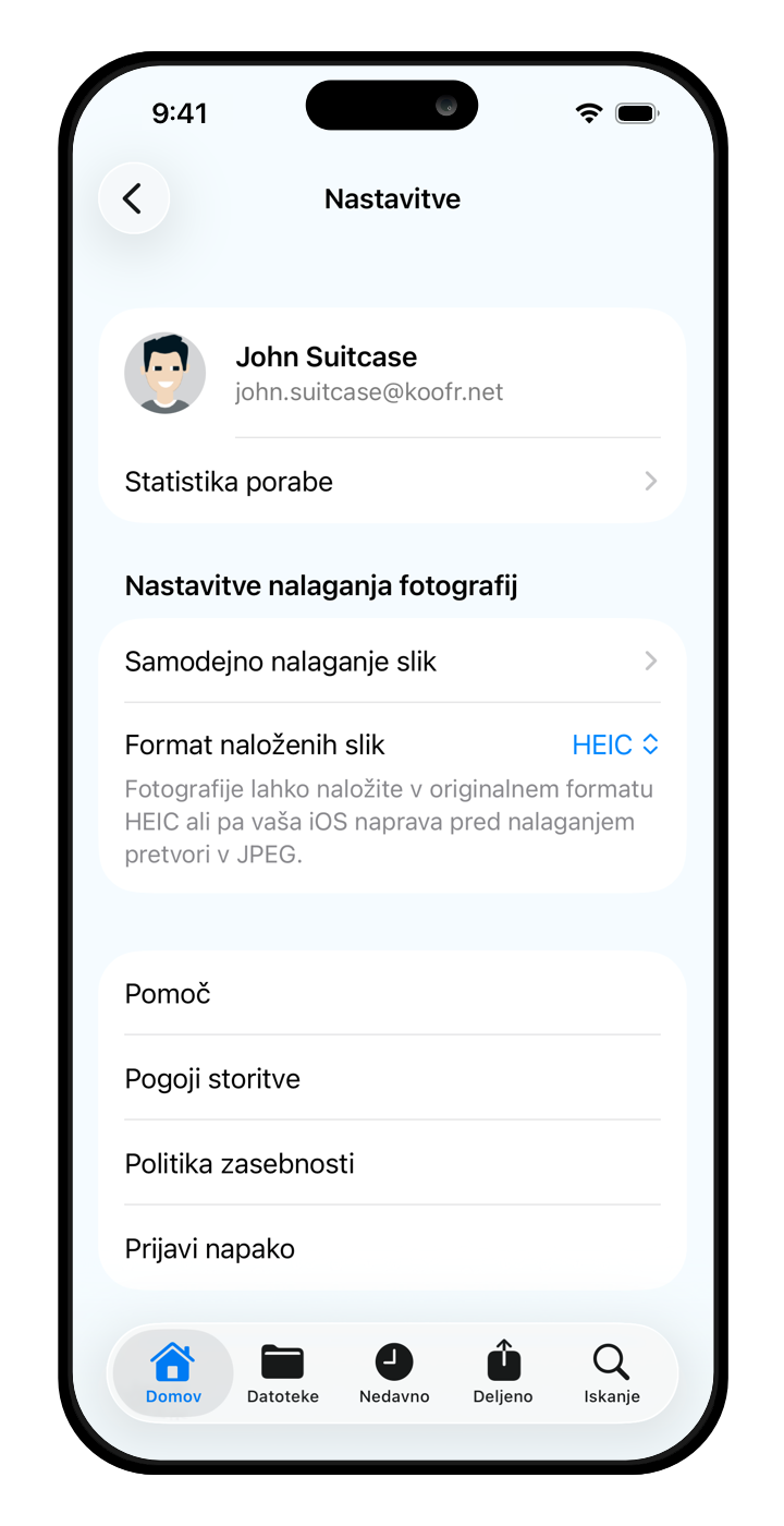 Nastavitve v Koofrovi mobilni aplikaciji iOS.