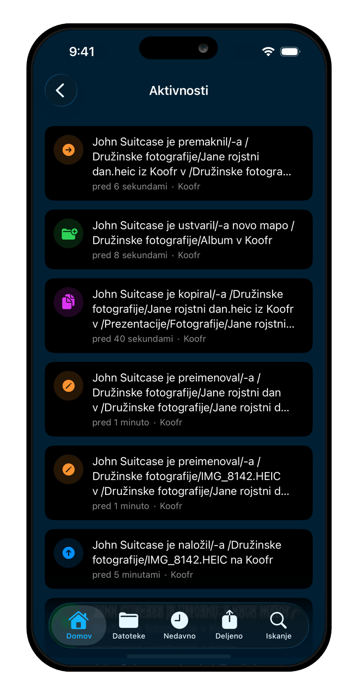 Aktivnosti v Koofrovi mobilni aplikaciji za iOS