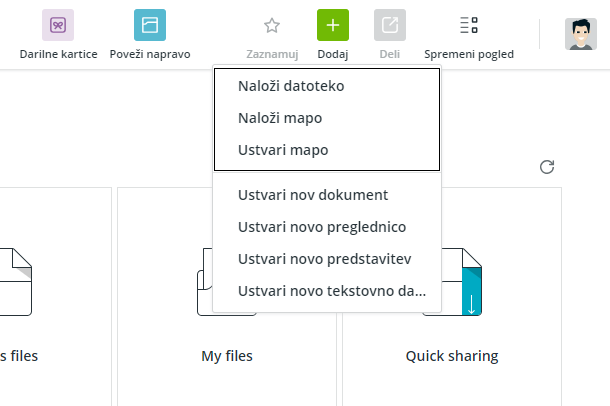 Koofr naloži datoteke spletna aplikacija meni