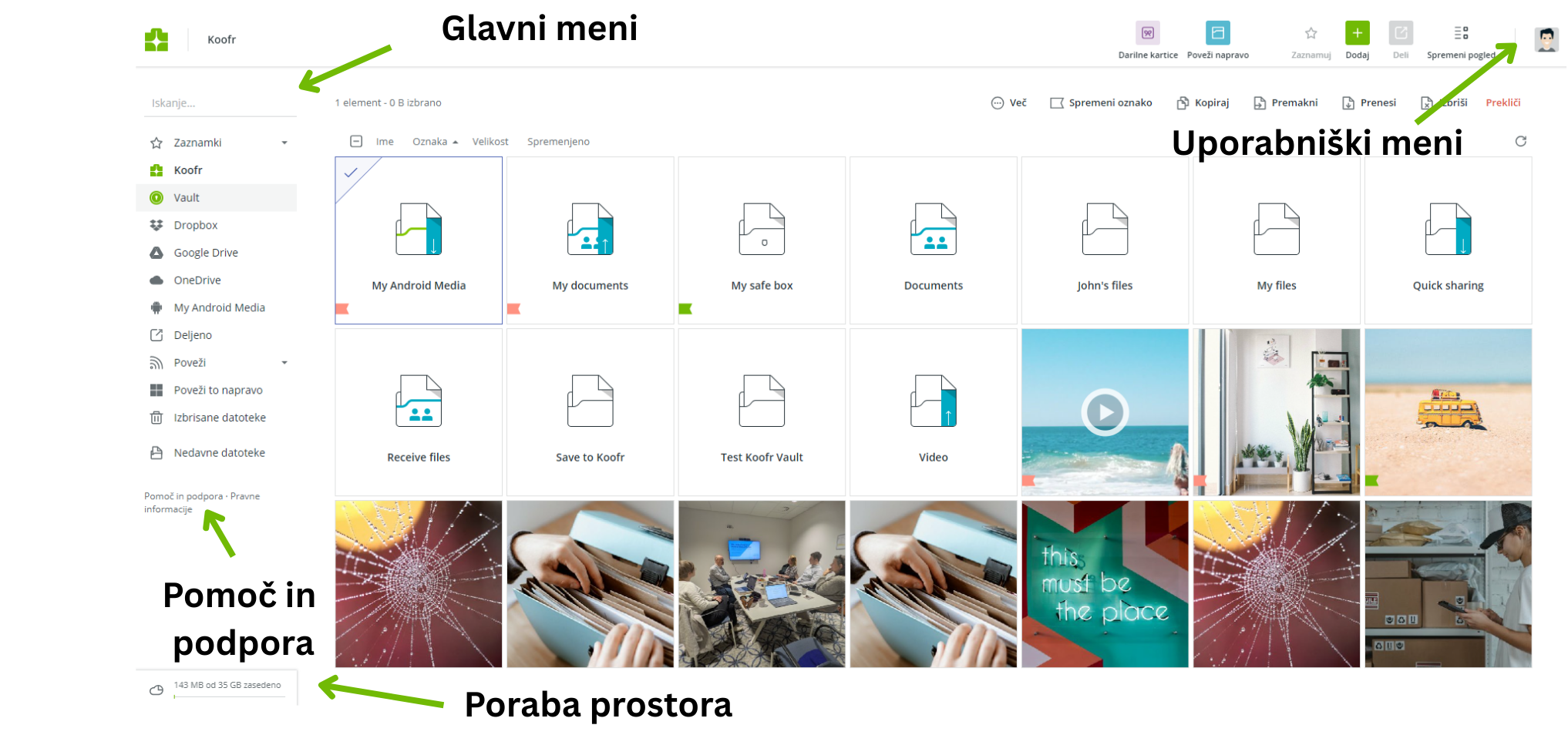 Koofr spletna aplikacija pregled menijev