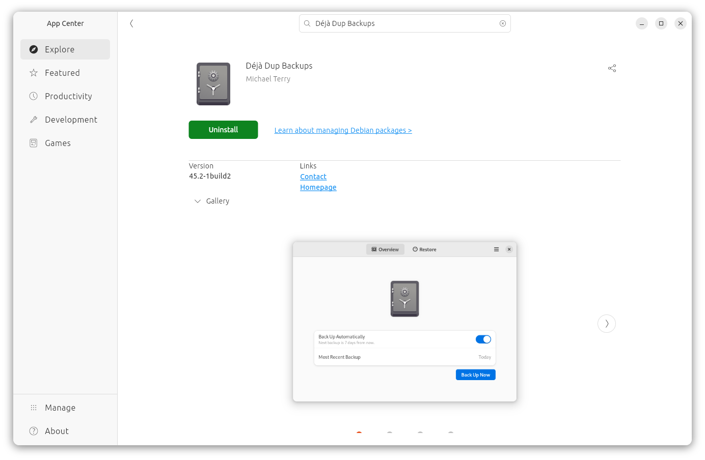 Prenos pragrama Deja Dup Backups iz App Centra - varnostno kopiranje na Koofr