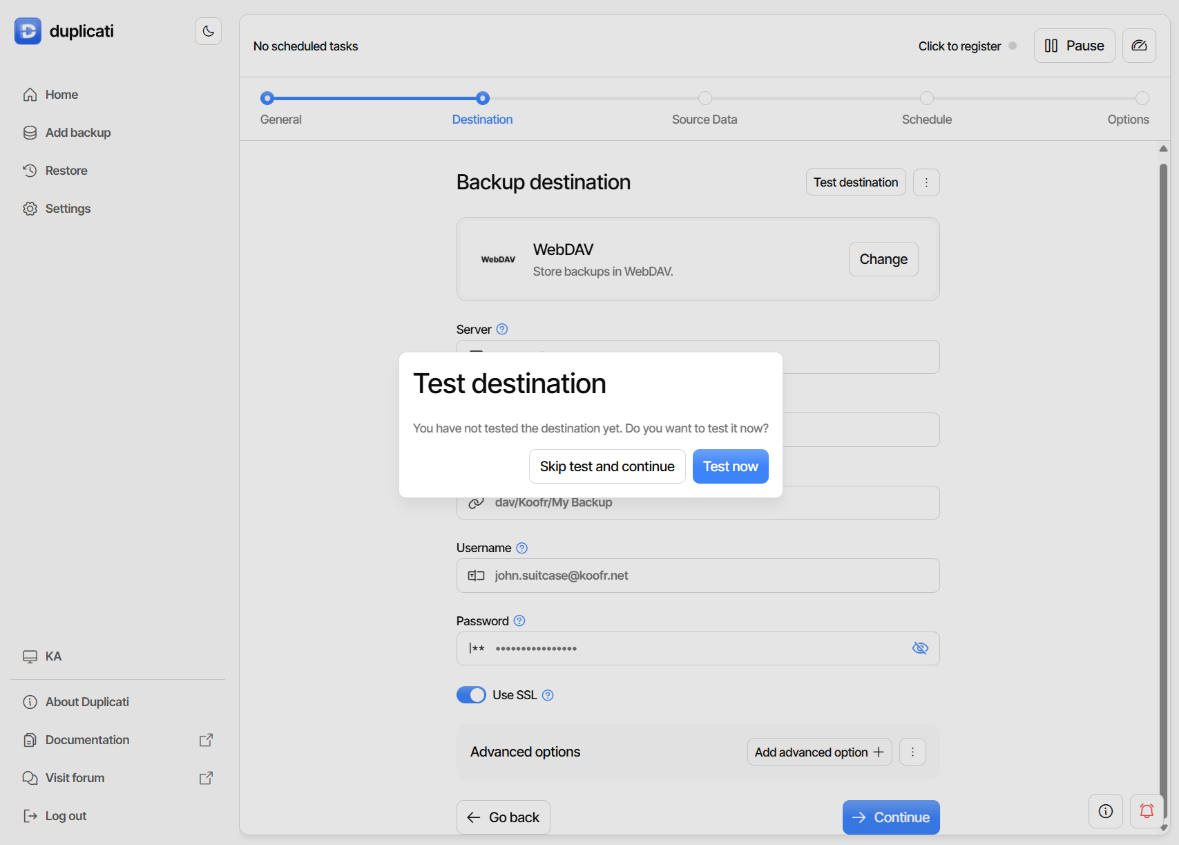 Testiranje ciljne lokacije v programu Duplicati - Koofr blog