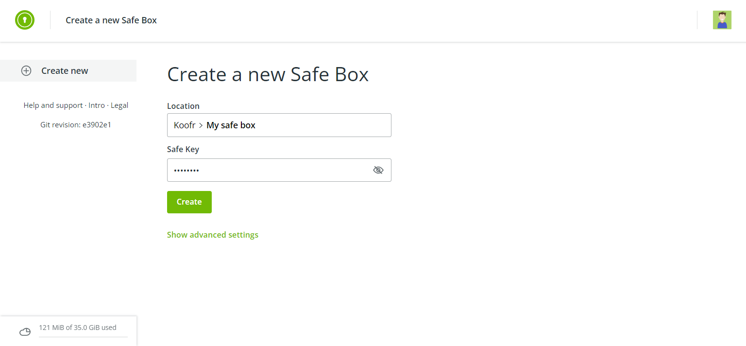 Obrazec za kreiranje nove mape Safe Box.