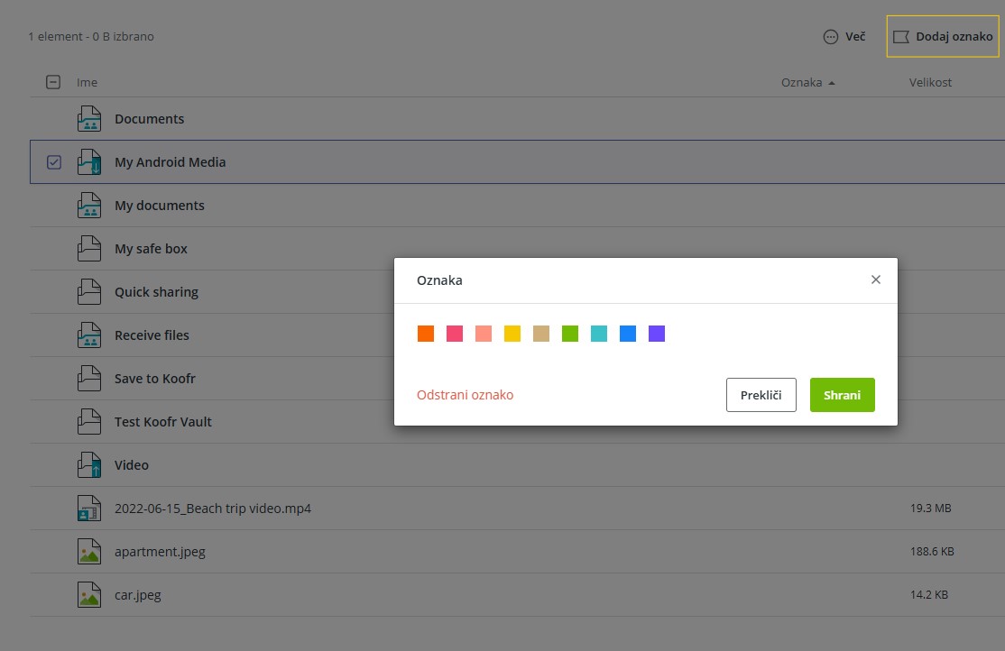 Novo pojavno okno Oznake na Koofru