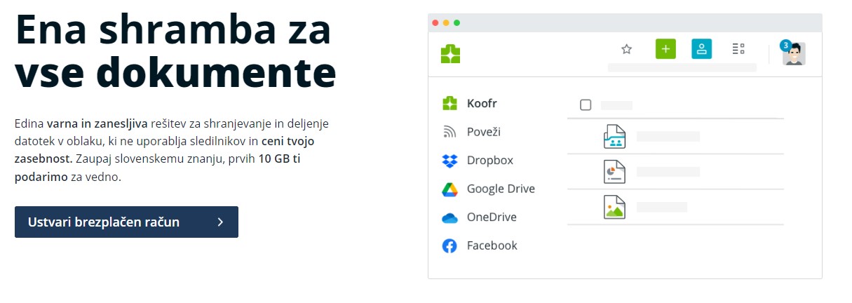 Posnetek zaslona Koofrove spletne strani z napisom Ena shramba za vse dokumente