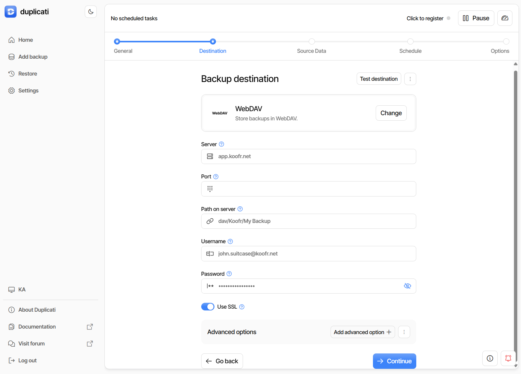 Izbira ciljne destinacije v programu Duplicati - Koofr blog