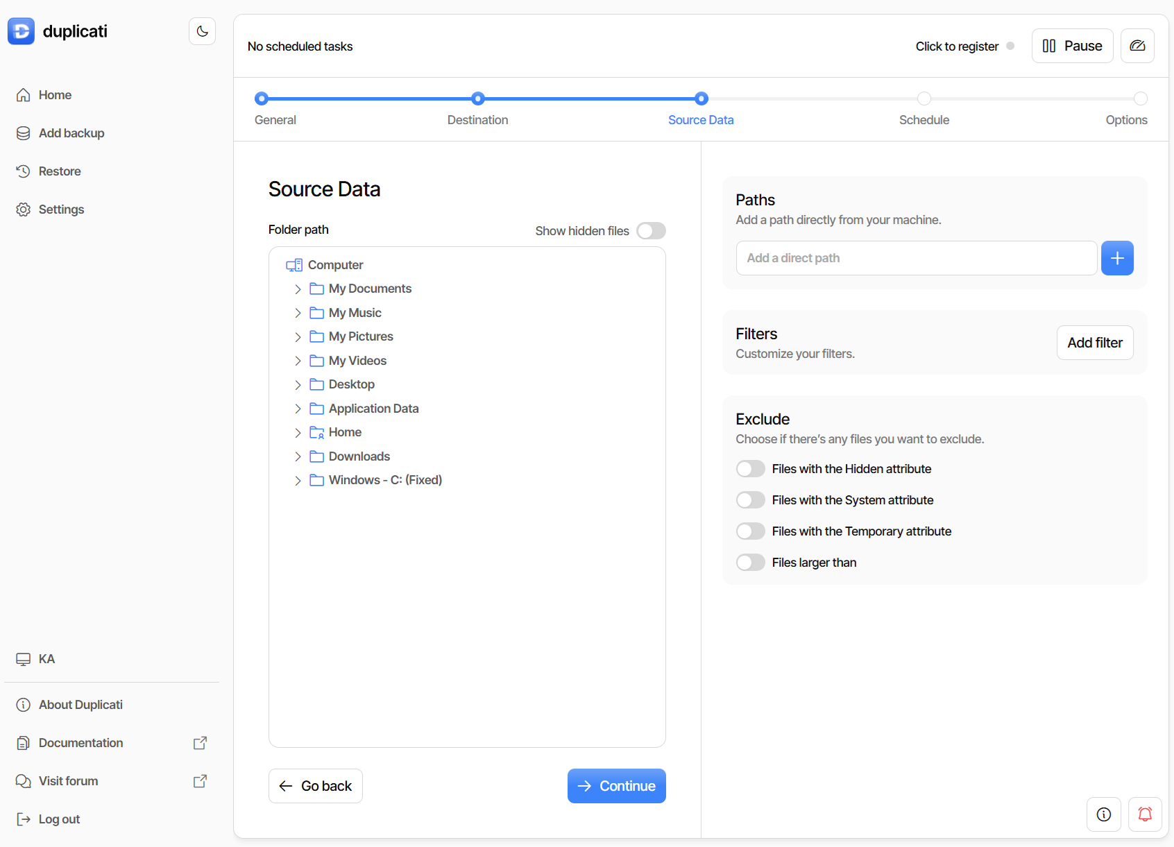 Izbira datotek za varnostno kopiranje s programom Duplicati in Koofrom