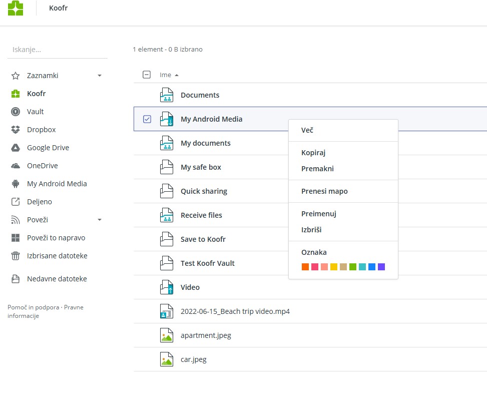 Oznake v spustnem meniju - kako dodati oznako datoteki ali mapi na Koofru
