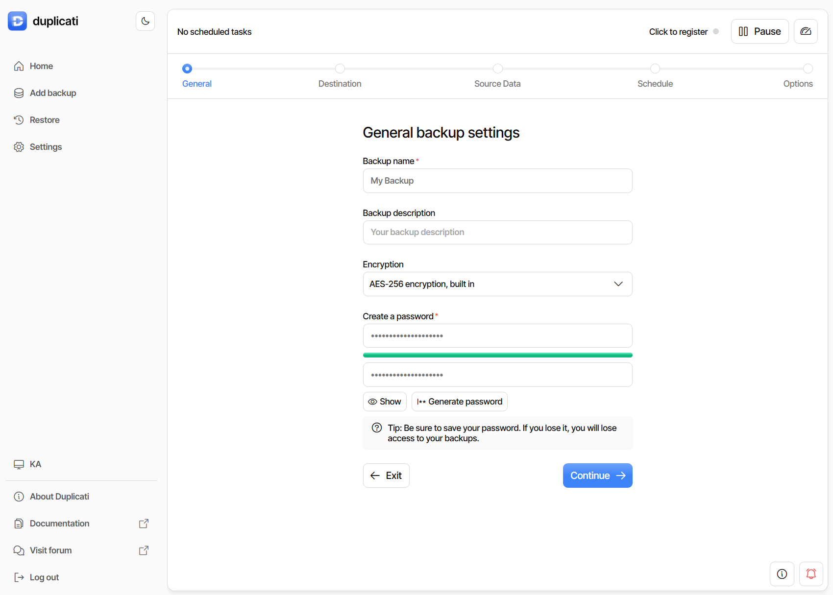 Nastavitve v programu Duplicati - general backup settings
