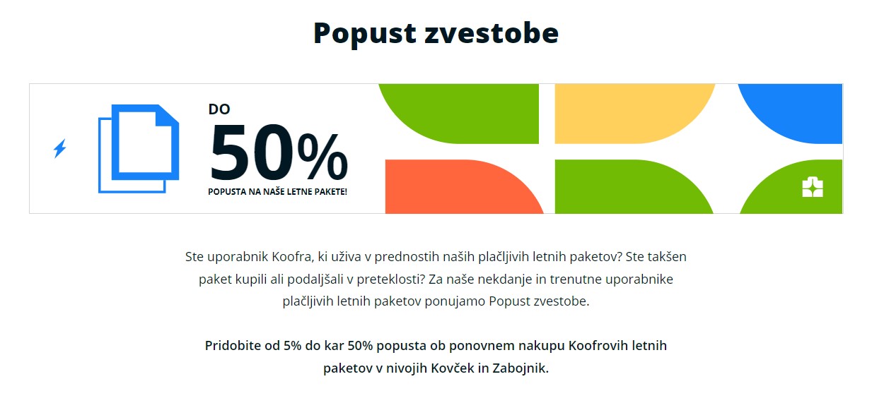 Posnetek zaslona Koofrove spletne strani Popust zvestobe