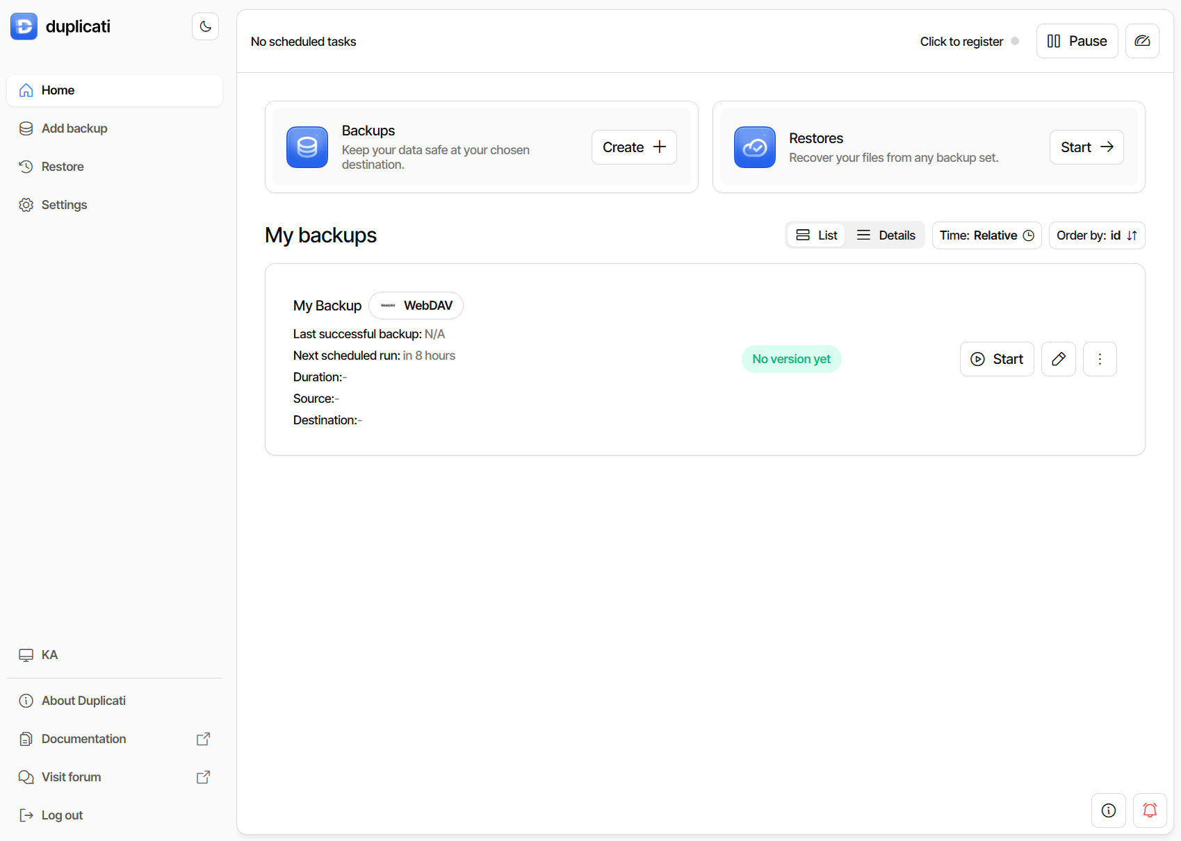 Povzetek nastavitev varnostnega kopiranja v programu Duplicati