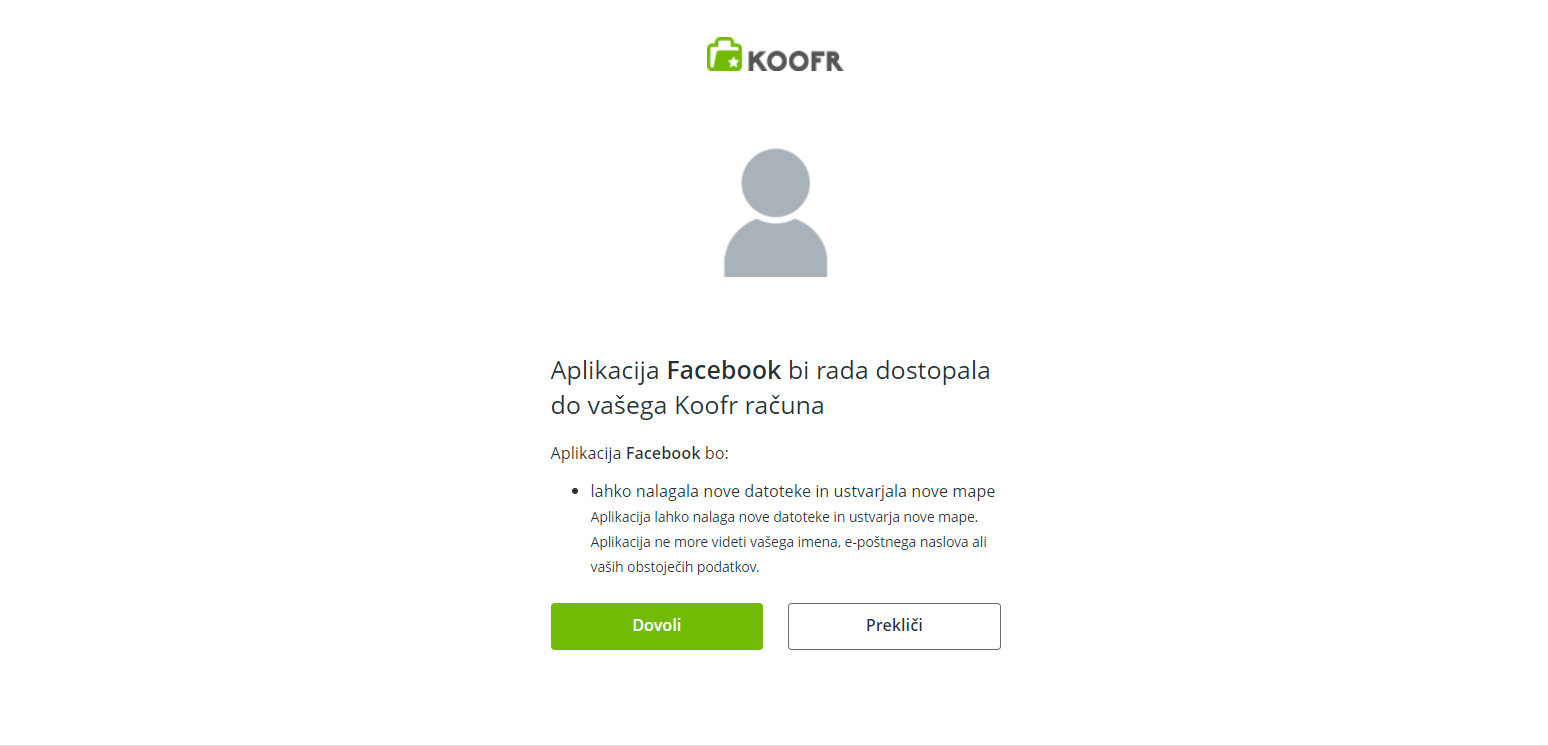 Dovoli Facebooku dostop do tvojega Koofra za potrebe prenosa podatkov.