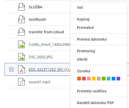 Razdeli datoteko desni klik Koofr