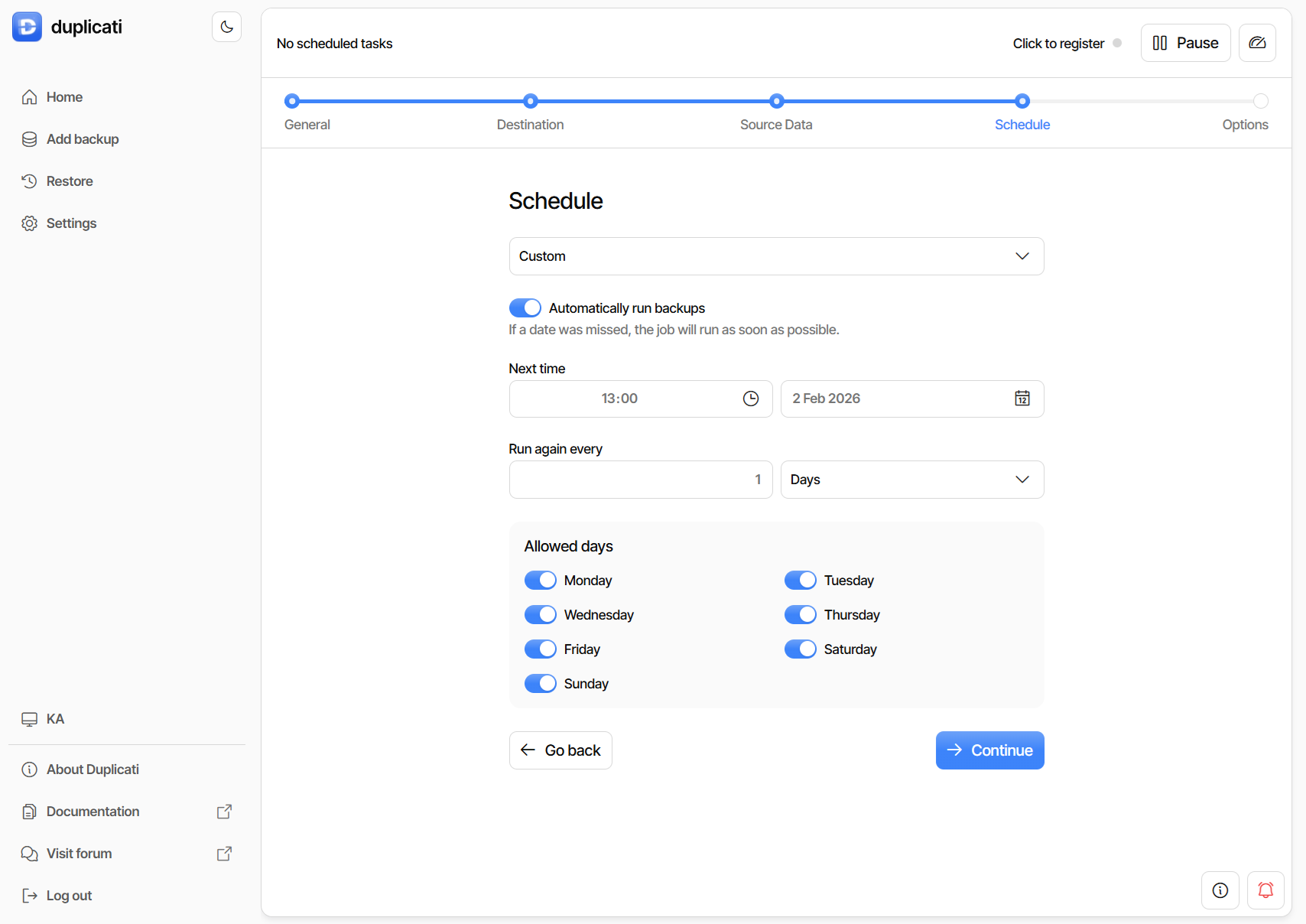 Razpored varnostnega kopiranja v programu Duplicati