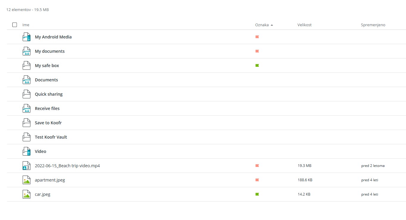 Prikaz datotek in map na Koofru, označenih z različnimi oznakami