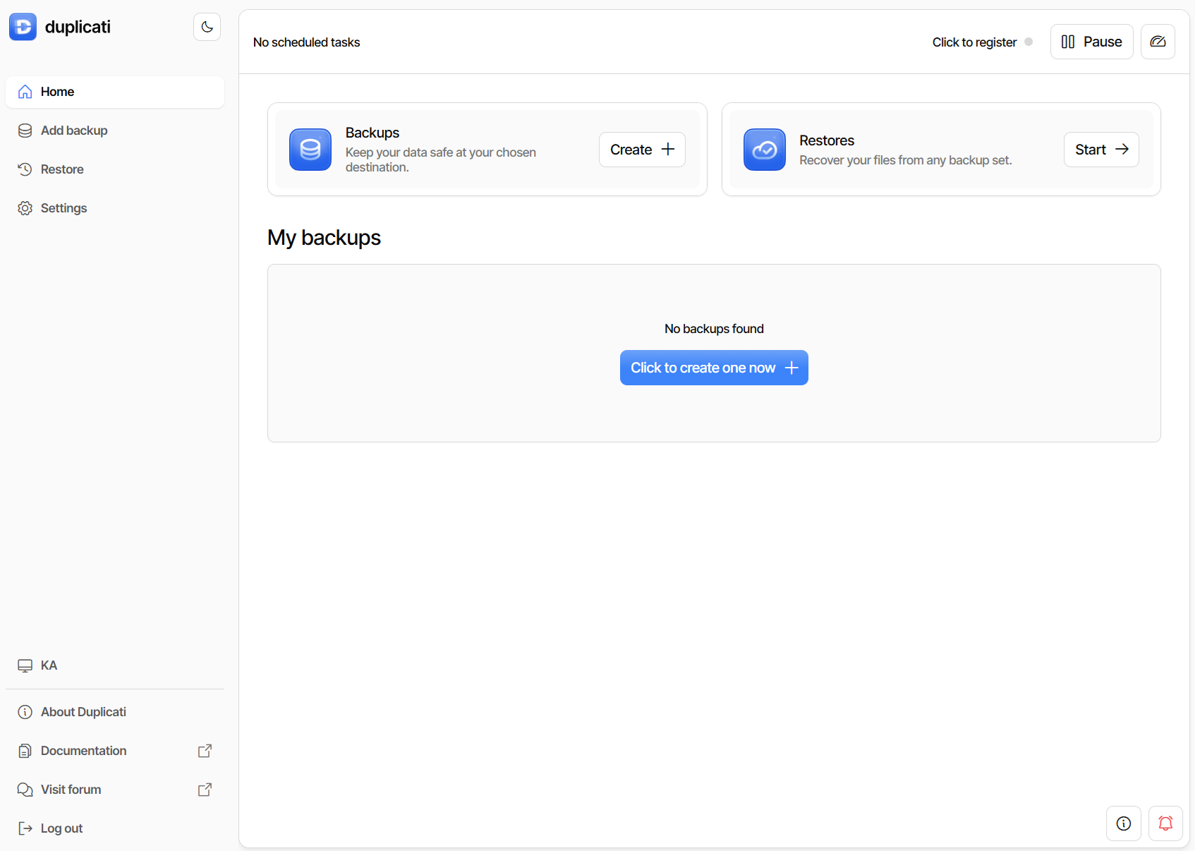 Začetni zaslon programa Duplicati - Koofr blog