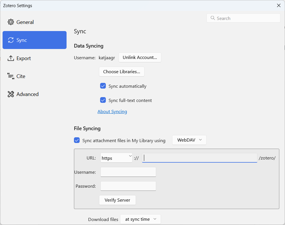 Nastavitve sinhronizacije v namizni aplikaciji Zotero